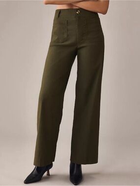 Anthropologie The Colette Full-Length Linen Wide-Leg Pants Green 28